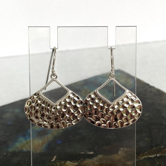 Sterling Silver 925 Teardrop Disc Hammered Dangle Drop Earrings - Picture 2 of 16